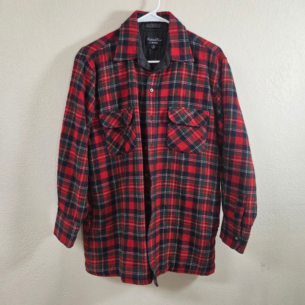 Vintage Arrow Paddock Club Wool Blend Quilted Plaid Shirt Jacket Red Mens Medium